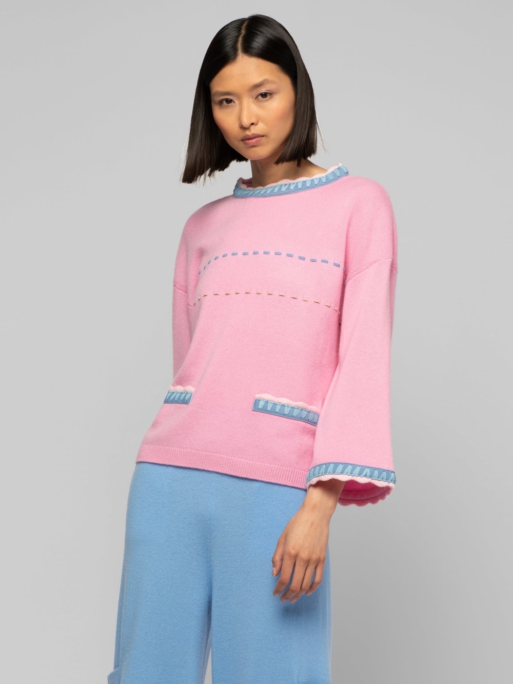 💖Max & Moi Women’s Pink & Blue Cashmere Wool Fall Chic Oversized Sweater | S
